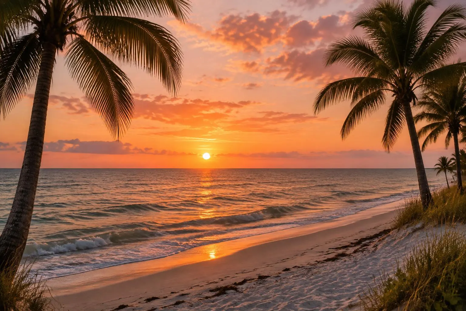 Palms along a Gulf beach at golden hour