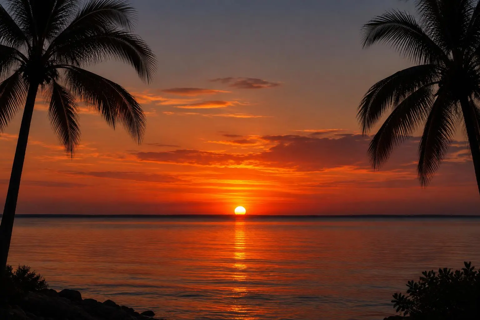 Palm silhouettes over the bay at sunset
