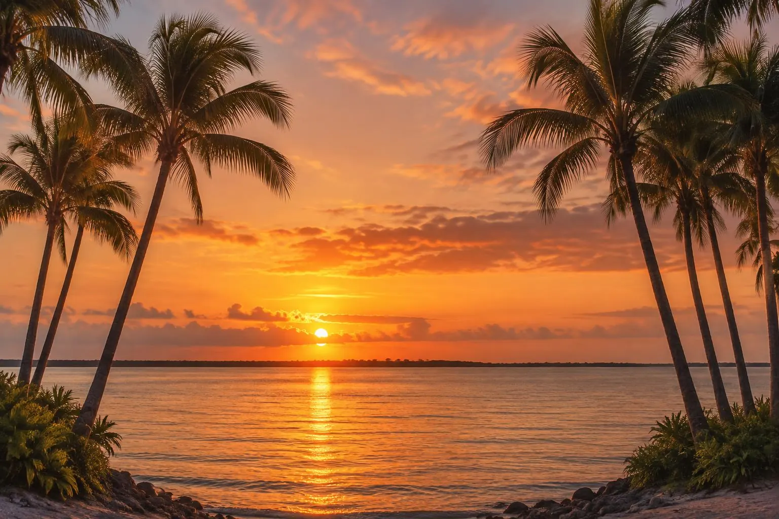 Palm trees beside Tampa Bay at sunset